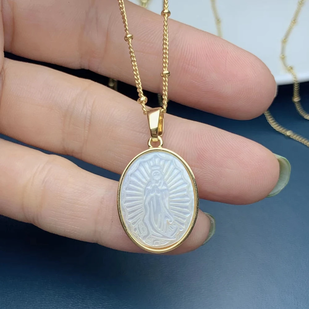 Oval Our Lady of Guadalupe Necklace For Women Religions Natural Mother of Pearl Shell Holy Virgin Pendant Charms Choker Jewelry