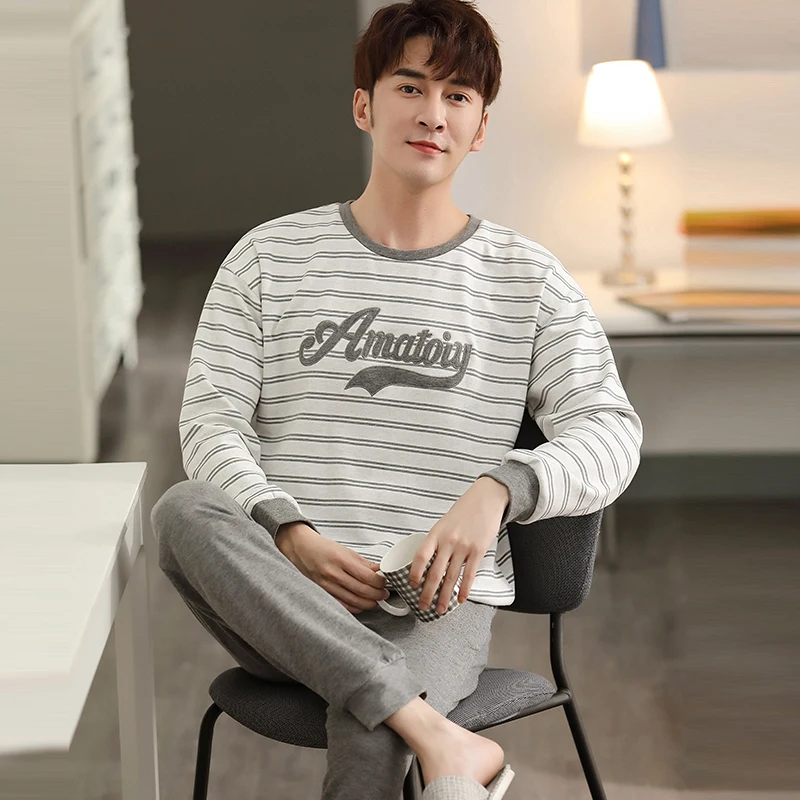 New Spring Cotton Men Pajamas Set Striped Mens Sleepwear Long Sleeve Round Neck Casual Loose Soft 3XL Male Homewear