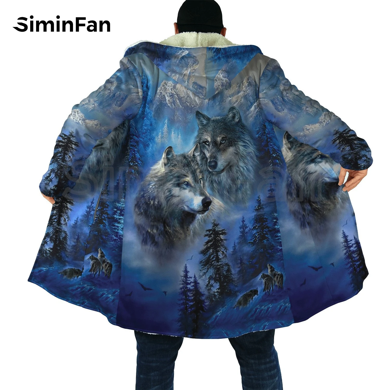 Tribal Style Night Wolf 3D Printed Mens Hooded Cloak Windbreaker Winter Thick Flannel Coat Unisex Casual Cashmere Warm Jacket H2