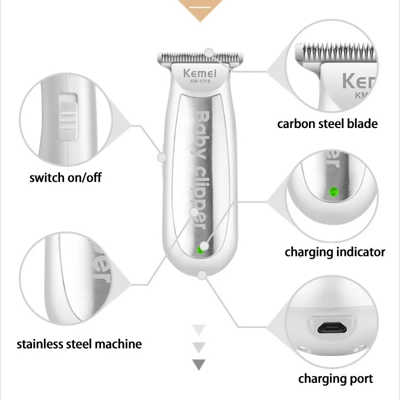 Kemei 1318 Baby Hair Clipper Infant Mini Electric Hair Trimmer Quiet USB Rechargeable Shaver Kids Haircut Beard Razor for Men