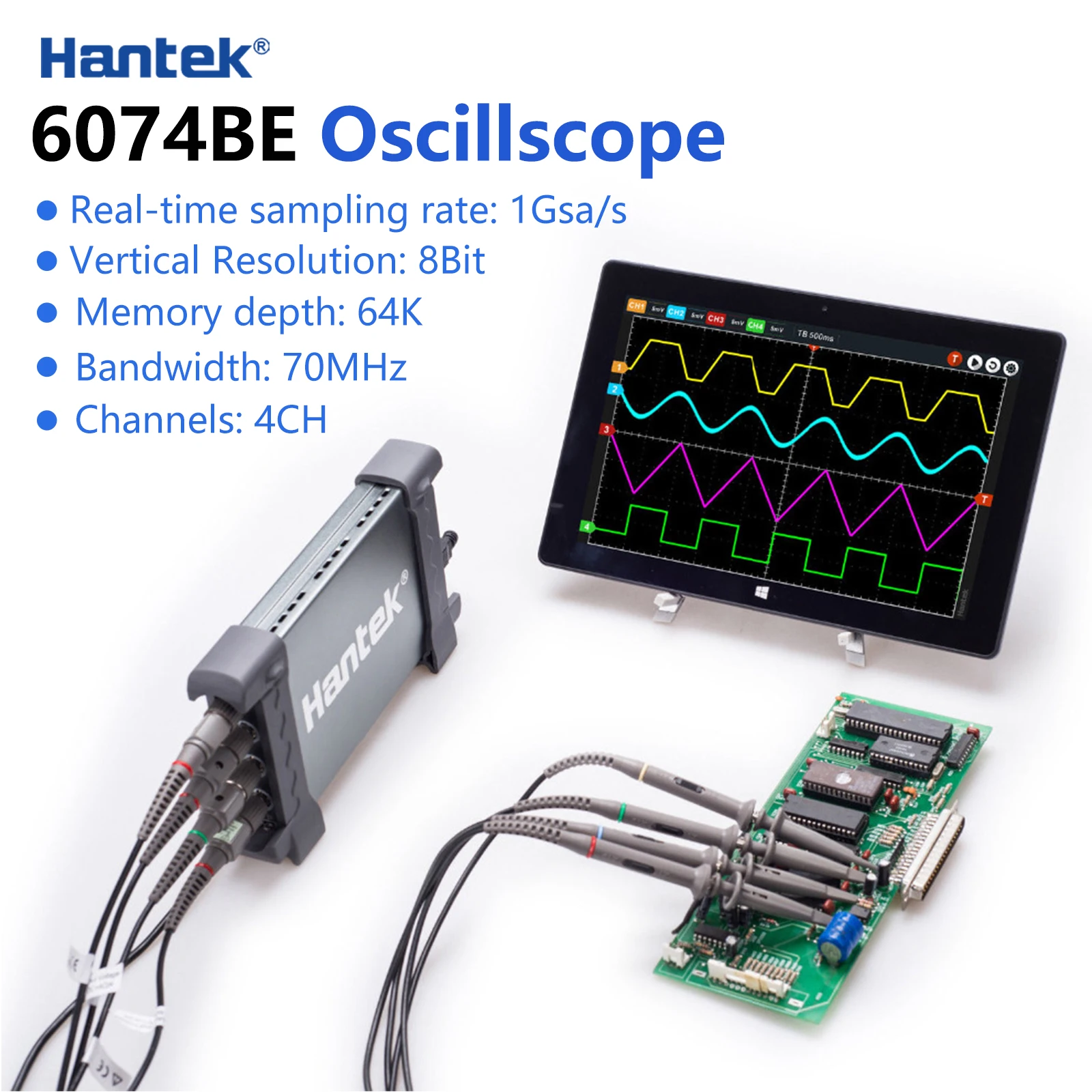 Hantek-osciloscópio 6074be (kit i) padrão, equipado com mais de 80 tipos de função de medição automotiva, usb2.0, 4 canais isolados