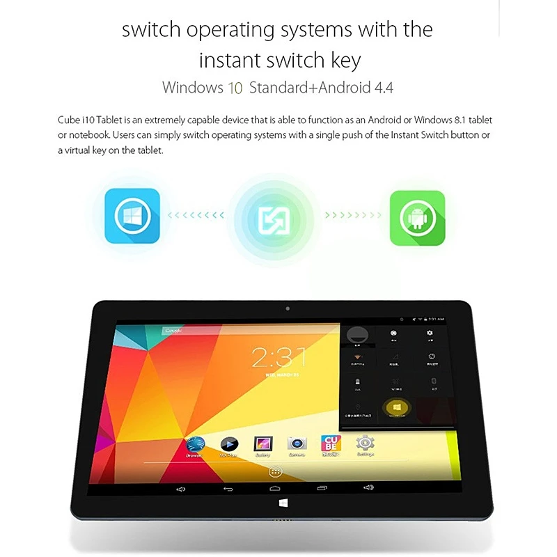 نظام التشغيل المزدوج 10.6 بوصة رباعي النواة 2 جيجابايت رام 32 جيجابايت ROM Cu be i10 Windows 10 + Android 4.4 الكمبيوتر اللوحي 1366*768IPS شاشة تعمل باللمس HDMI-متوافق