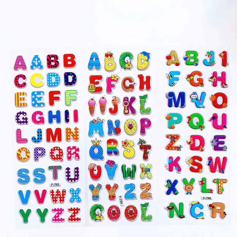 6 Blatt Kinderaufkleber 3D Puffy Bulk Cartoon Englische Alphabet Buchstaben Zahlen Aufkleber Lernspielzeug für Mädchen Jungen GYH – Detail 3
