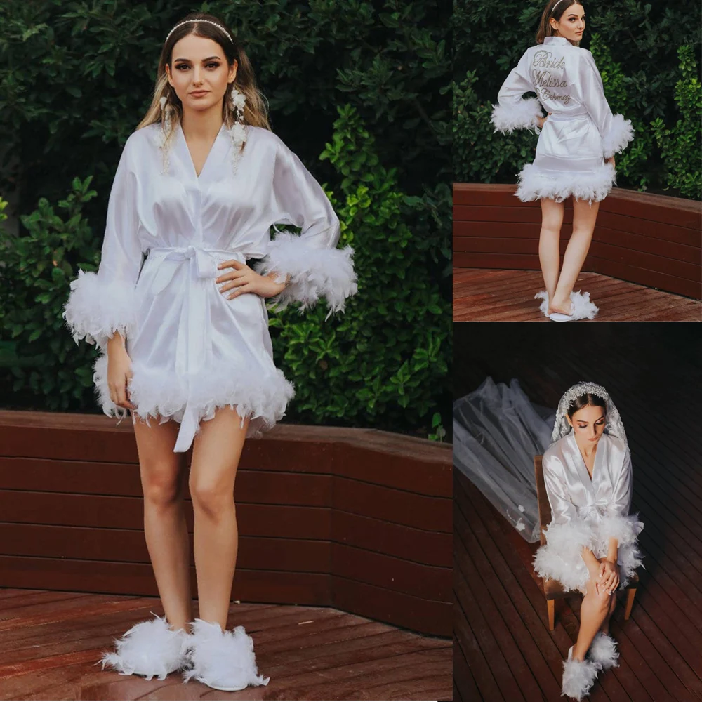 

White Feather Wedding Sleepwear Long Sleeve Night Gown For Women Silk Custom Made Woman Pajamas