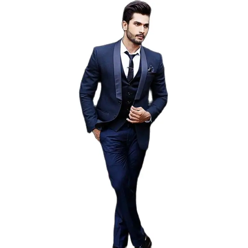 

Slim Fits Navy Blue Men's Evening Dress Toast Business Suit Customize Handsome Groom Tuxedos (Jacket+Pants+Vest+Tie) K:156