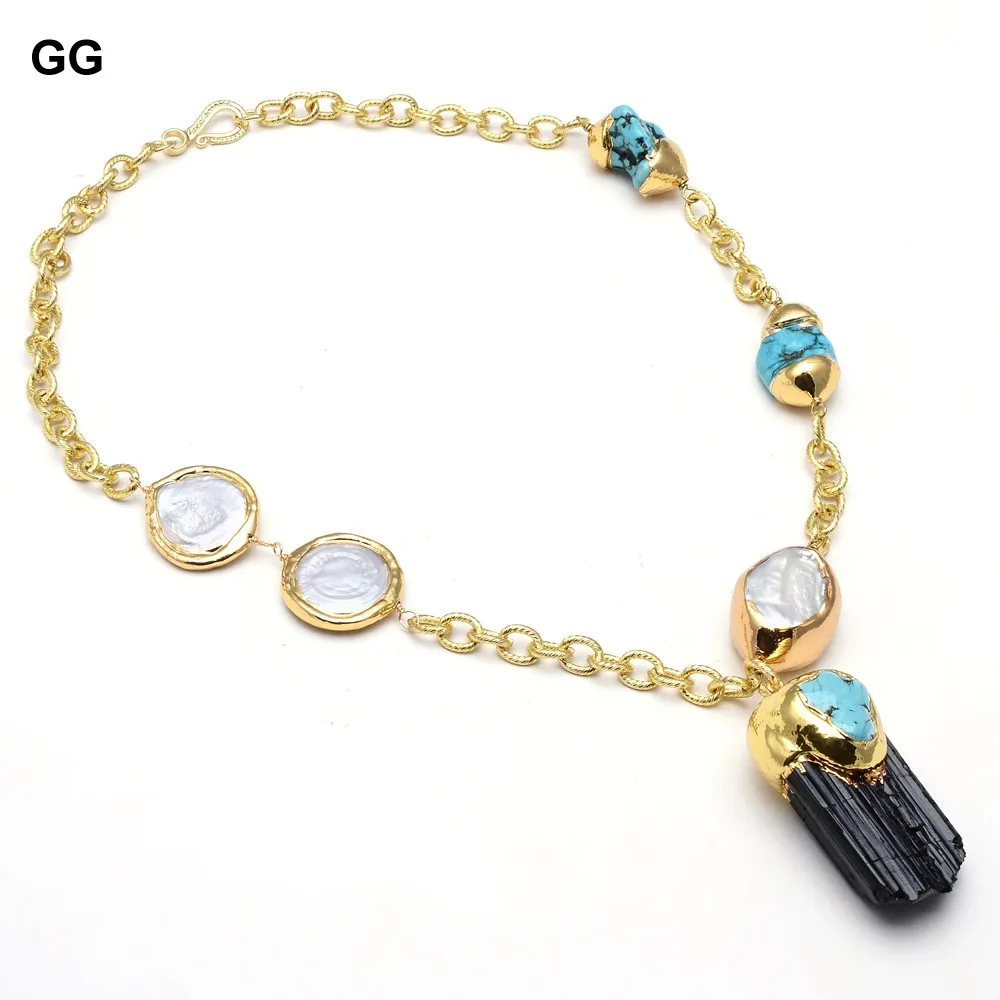 

GuaiGuai Jewelry Natural White Coin Pearl Keshi Pearl Blue Turquoises Chain Statement Necklace Black Tourmalines Rough Pendant