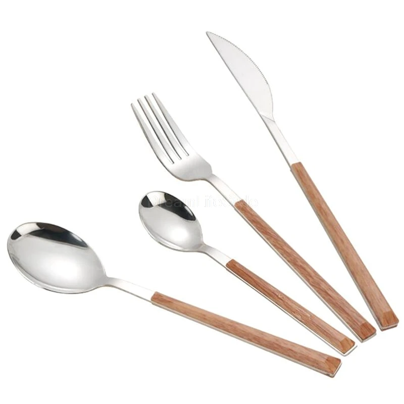 

24Pcs 304 Stainless Steel Tableware Set Glossy Wood Silver Dinnerware Sets Western Food Knife fork Teaspoon Cutleries