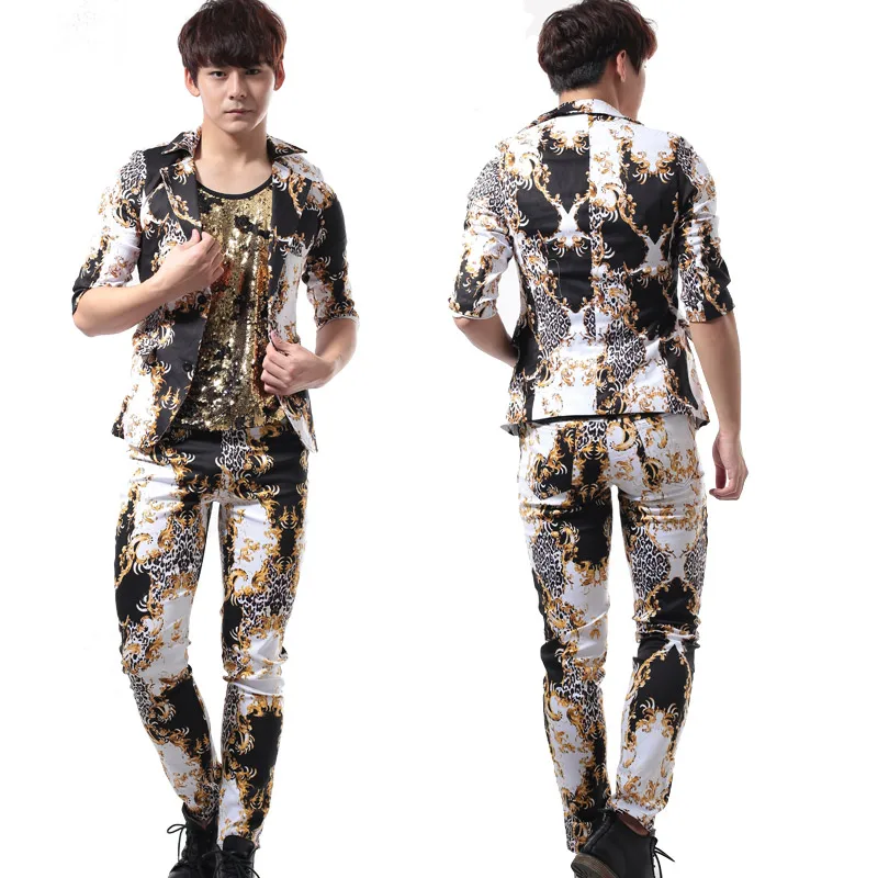 Nightclub host stage performance suit casual leopard print suit jazz dance Korean style slim waistcoat suit