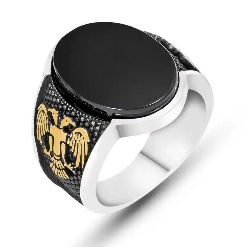 Silver Black Stone Double Headed Eagle Men's Ring - 925 Sterling Men's Jewelry Wedding Birthday Gift - Box - Man - Fashion - Botiva - Size - Turkish - Patterned Embroidery