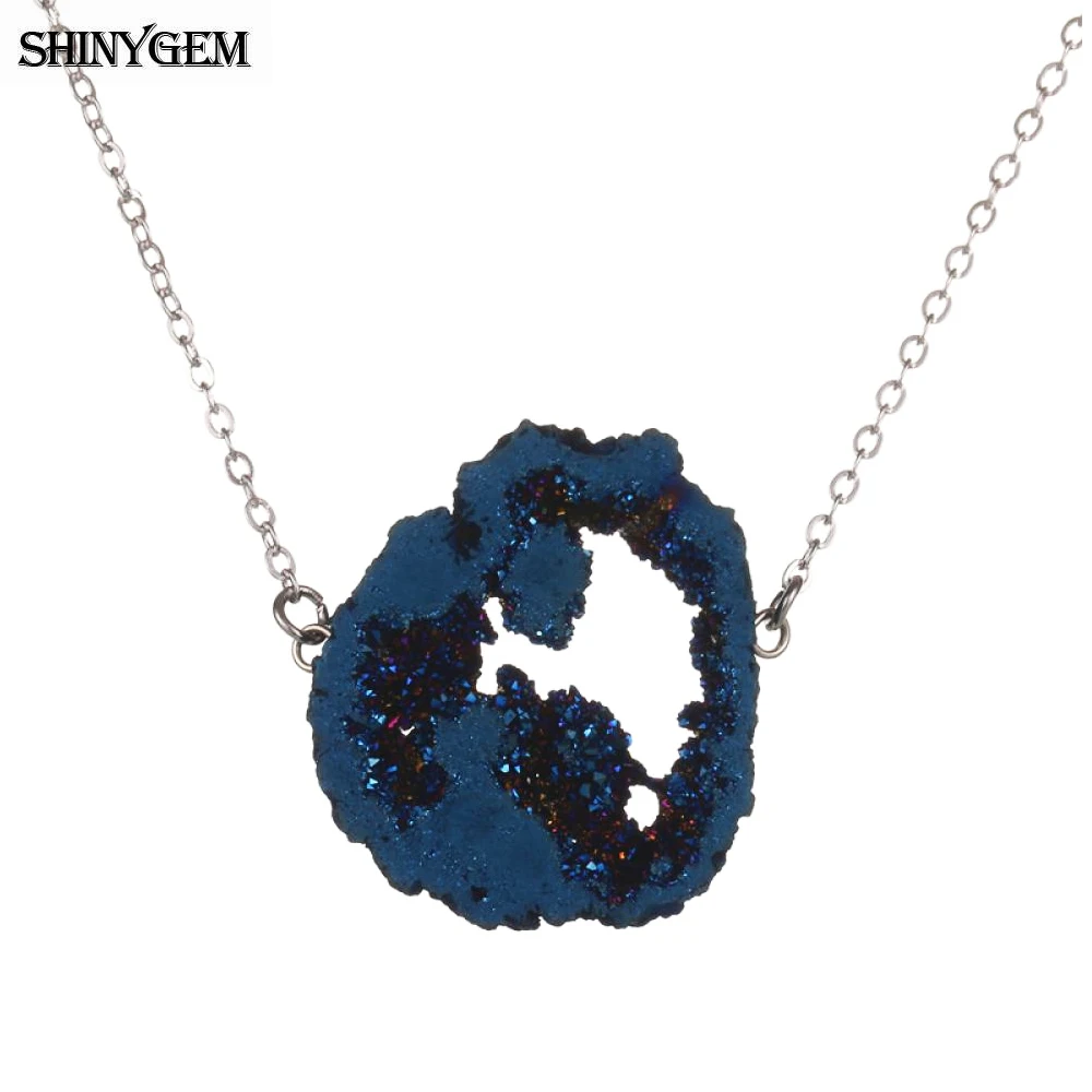 ShinyGem 30-45mm Charm Irregular Natural Crystal Druzy Necklace Hollow Geode Stone Jewelry Connector Necklace For Women Men