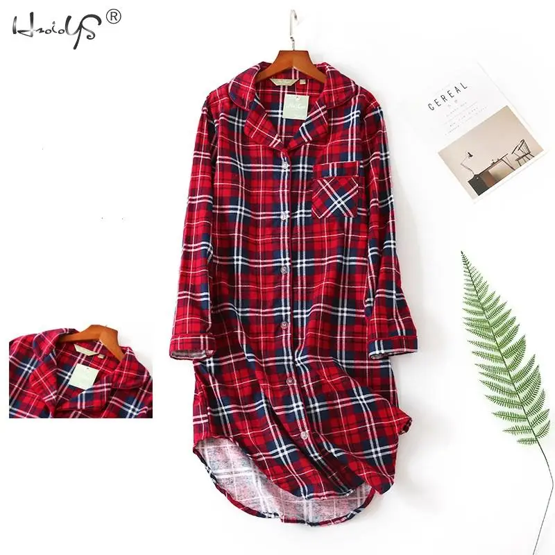 Nightgown 100% Brushed Cotton Nightshirts Women\'s Sleepwear Long Sleeve Plaid Winter Oversize Sleep Dress Women Home Clothes