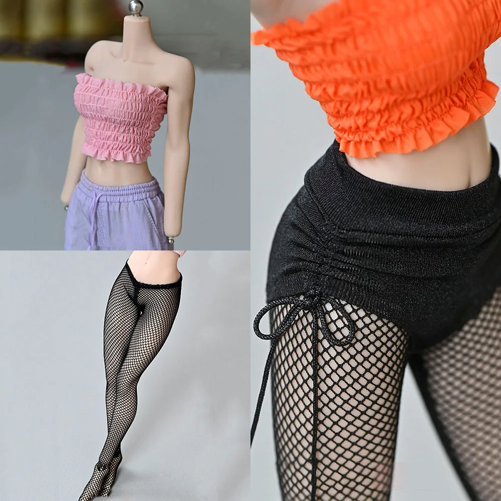 1/6 Scale Pleated Tube Top Vest Accessory Women's Drawstring Casual Shorts Skinny Shorts Stretch Drawstring Big Mesh Stockings