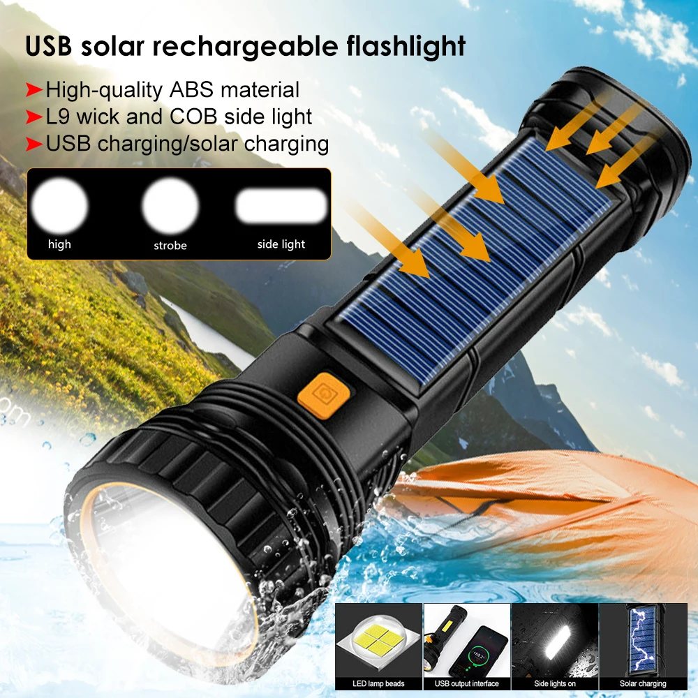 Solar Power Camping Flashlight with COB Side Light Waterproof High Bright Electric Torch Reverse Charging Emergency Light