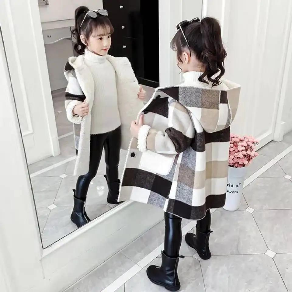 2024 Autumn winter Girls Casual Jackets Hooded Outerwear Fashion Woolen Long Coat Children Clothing Cute Baby Girls 8 10 12 year