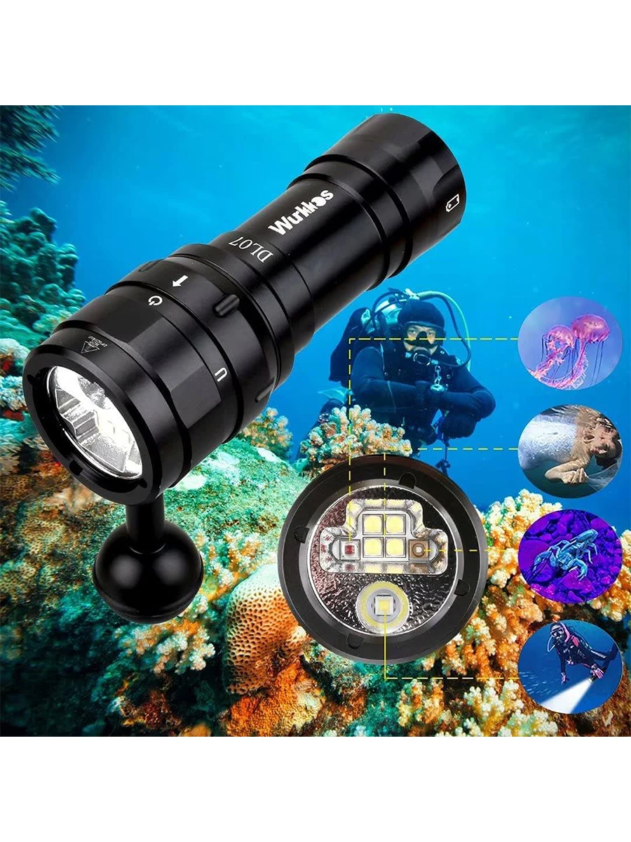 Wurkkos DL07 lampe de poche de plongée multicolore LED blanc rouge lumière Rechargeable interrupteur rotatif étanche puissant 26650 inondation et Spot