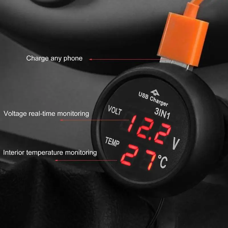 12V/24V Car Voltage Meter Monitor 3 in 1 LED USB Car Charger Voltmeter Thermometer Car Battery Monitor LCD Digital Dual Display