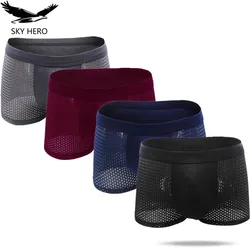 4pcs/lot Men Net Underwear Underpants Boxershorts Bamboo Sexy Sleepwear Male Small Panties for Man Transparent Mesh Thin Pants