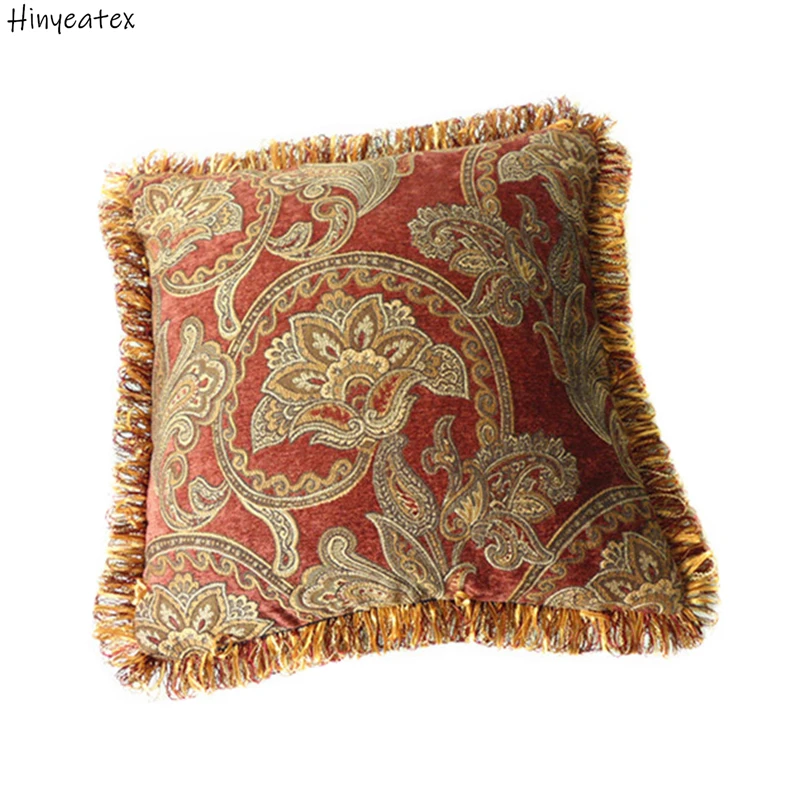 

American Paisley Woven Classic Chenille Brick Red Pillow Cover Decorative Cushion Cover Square Pillow Case With Fringe 45x45cm