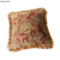 American Paisley Woven Classic Chenille Brick Red Pillow Cover Decorative Cushion Cover Square Pillow Case With Fringe 45x45cm