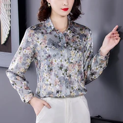 2024 Spring Vintage Florla Natural Silk Satin Tops and Blouses Casual New Office Lady Print Shirt Elegant Bodycon Blouses