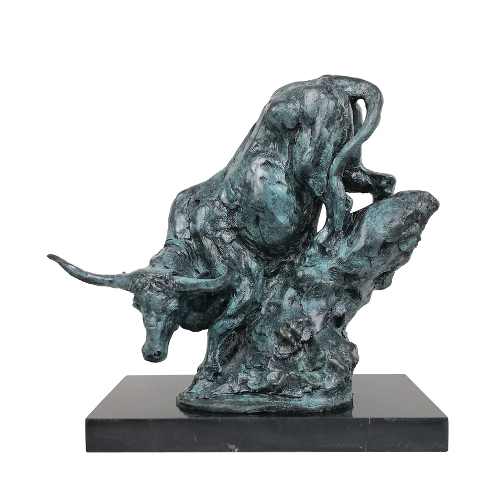 Animal Sculpture Art Bull Statue Hot Casting Green Bronze Marble Base Classy Office Table Decoration Business Gifts