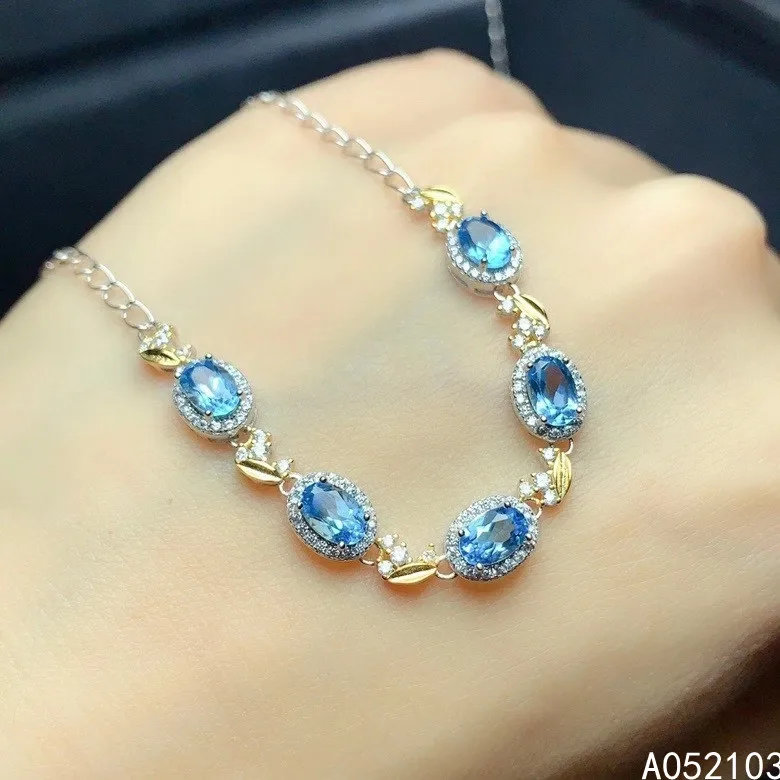 

KJJEAXCMY fine jewelry 925 sterling silver inlaid natural Blue Topaz Women's elegant delicate leaf gem two color Bracelet suppor