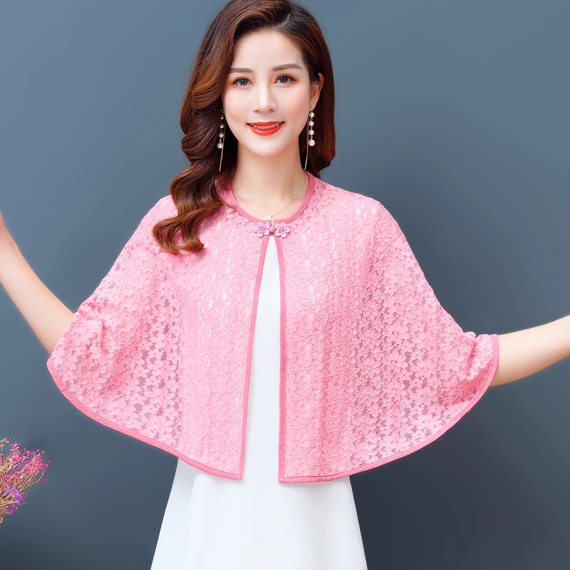 

Lace short cloak shawl women summer hollow out cardigan with flower buckle loose thin o neck pashmina mom small jacket dropship