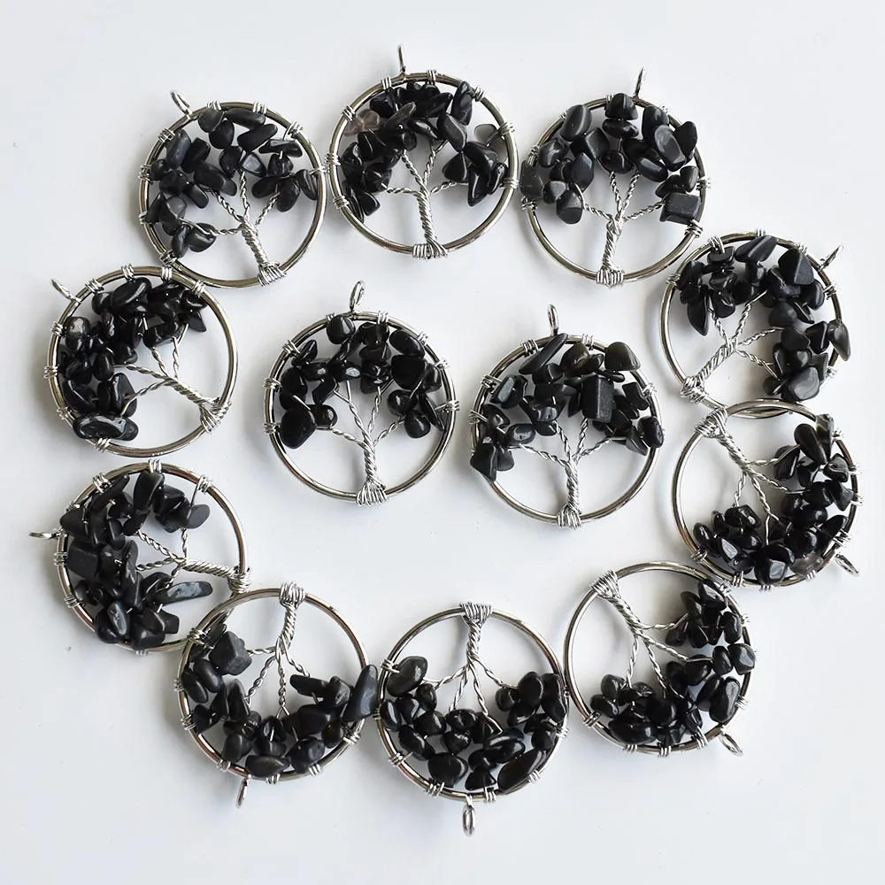 

Wholesale 12pcs/lot natural black Obsidian stone Tree of life handmade wire wrapped Pendants 30mm for jewelry marking free