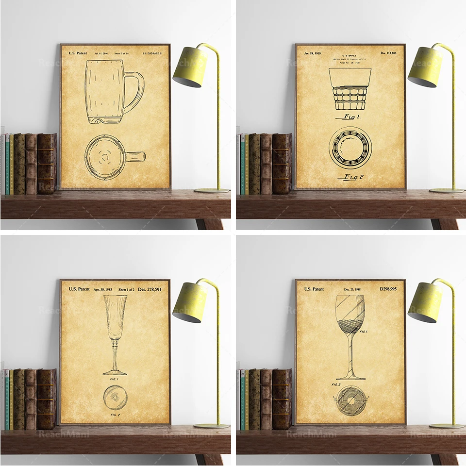 4-Piece Beverage Glass Set Beer Whisky Wine Champagne Glasses Patent Wall Art Refreshing Decor for Bar