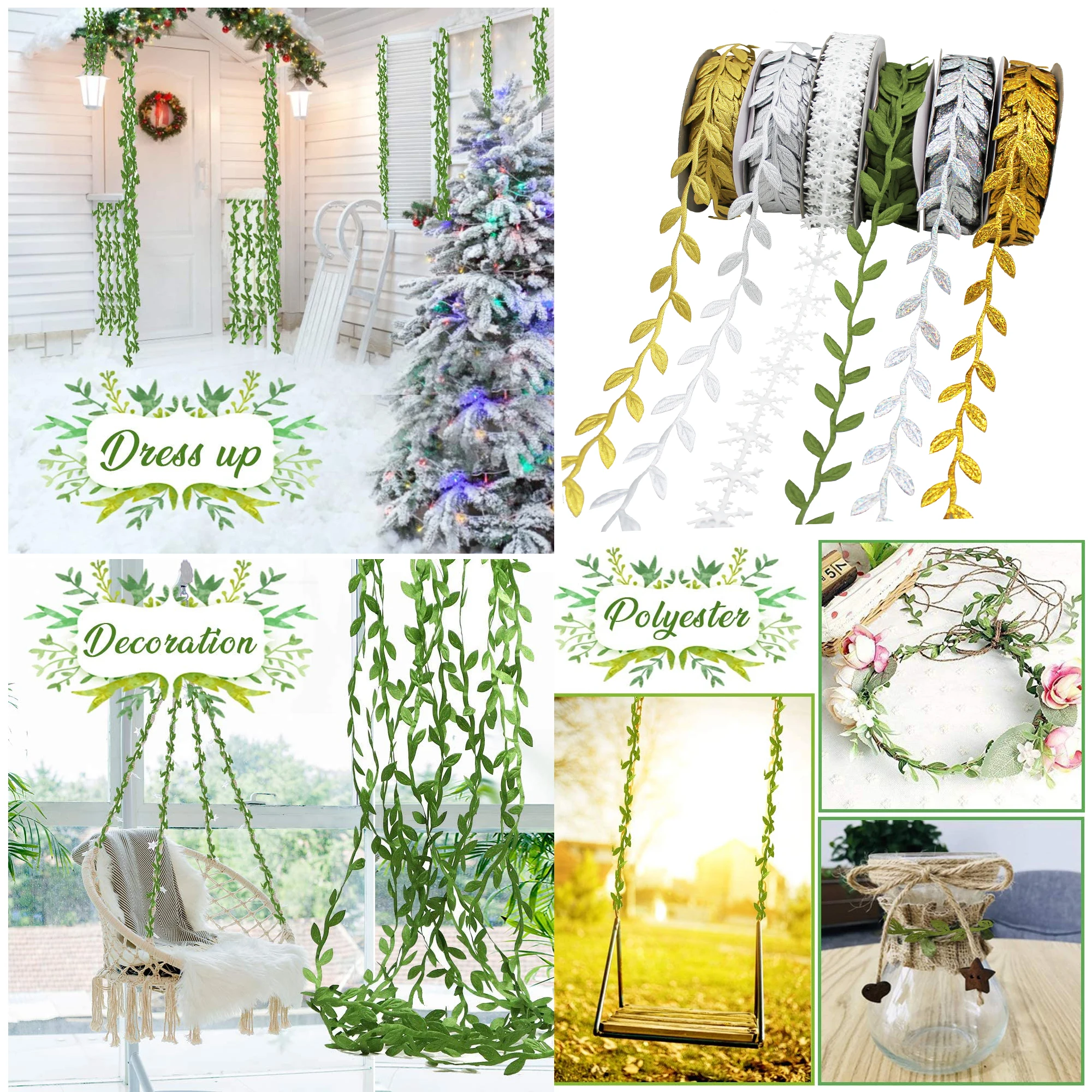 Leaves Leaf Trim Ribbon Artificial Vines for DIY Craft Party Wedding Home Decoration Gold / Silver / Olive Green / Laser 1 Inch