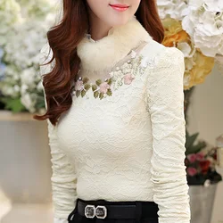 Autumn Winter Women Plus Velvet Thick Bottomed Shirt Female High Necked Lace Tops Long Sleeved Warm Blouses 3XL