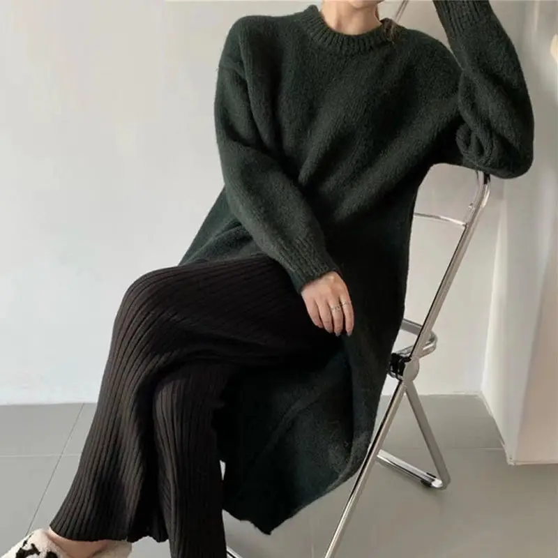 Sweater women\'s 2021 new autumn and winter loose  Pullover head side fork knee length knitted wool dress