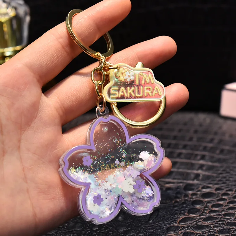 Creative Acrylic Quicksand Into Oil Cherry Blossom Key Chain Cute