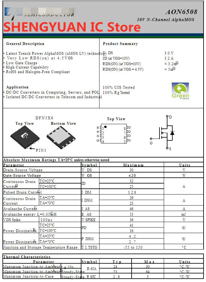 10 pcs/lot AON6508 6508 AO6508 MOSFET N-CH 30V 32A 8DFN 100% new imported original 100% quality