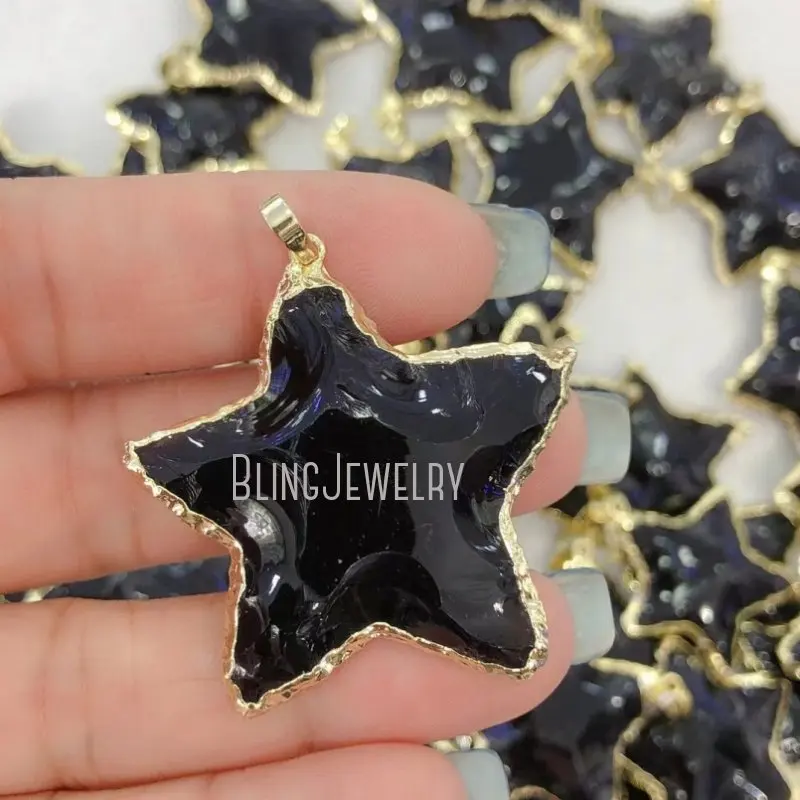 

PM40202 Healing Crystal Stone Black Obsidian Pendant Star Moon Charm With Or Dipped