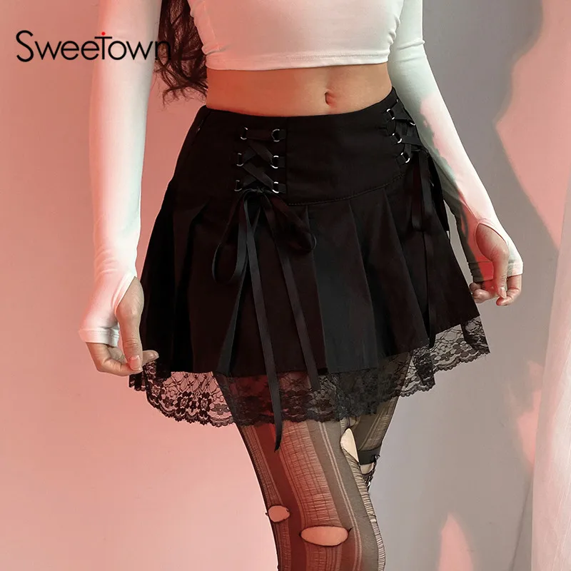 Sweetown Lace Up Goth New Pleated Skirt Woman Punk Style Dark Academia Aesthetic Vintage 90s Streetwear Black Dance Mini Skirts image 3