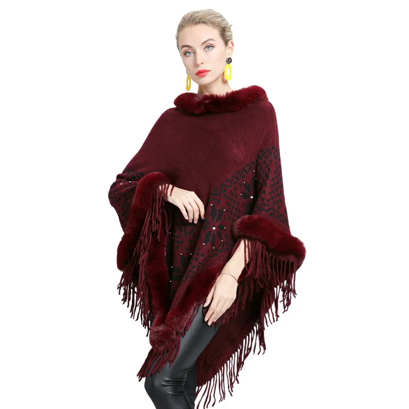 6 Color Fur Neck Warm Beading Floral Coat Overize Triangle Knitted Poncho Women Cape Big Pendulum Jacquard Weave Tassel Pullover