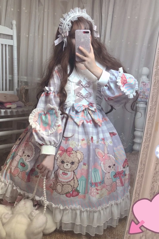 Kawaii สาว Gothic Lolita Op Loli COS เจ้าหญิง Tea Party Sweet Lolita VINTAGE ลูกไม้ bowknot น่ารักพิมพ์ชุดวิคตอเรีย