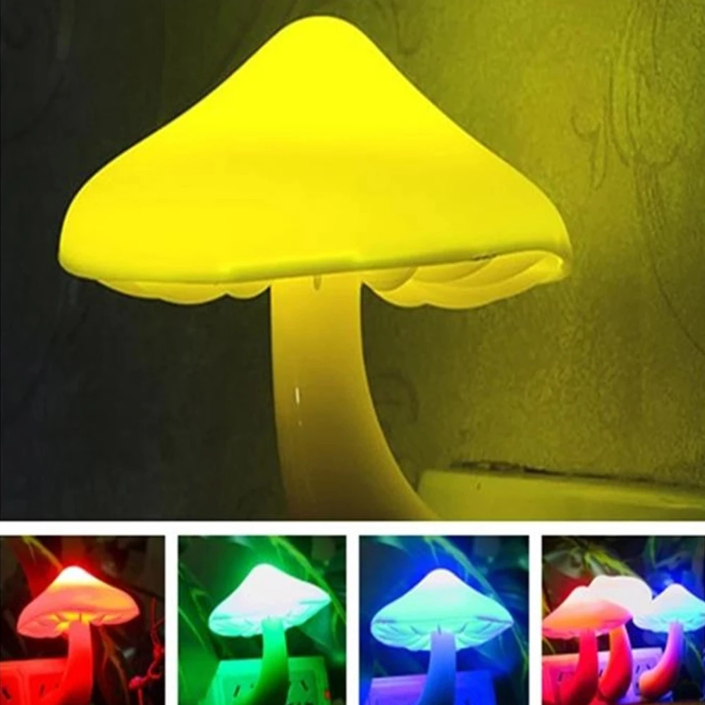 Light Sensor Automatic On-Off LED Night Lights US EU Plug in Mushroom Yellow Pink Blue Green RGB Lamps For Kids Bedroom Decor