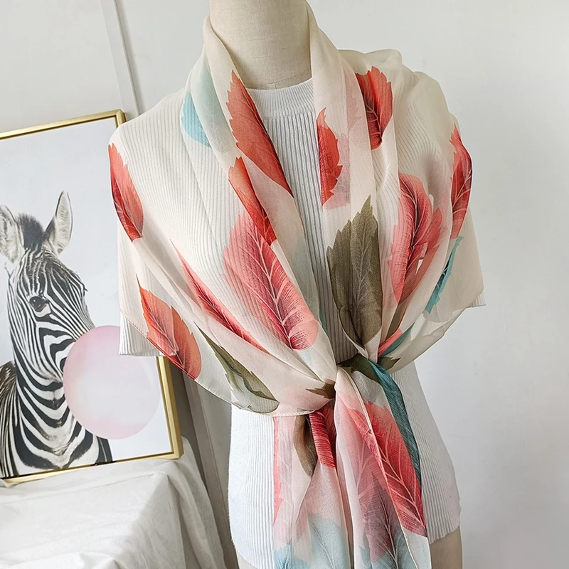 

Four Seasons Thin Soft Georgette Chiffon Scarf Women Leves Printing Beach Silky Shawls Long Wraps Beach Sunscreen Hijab