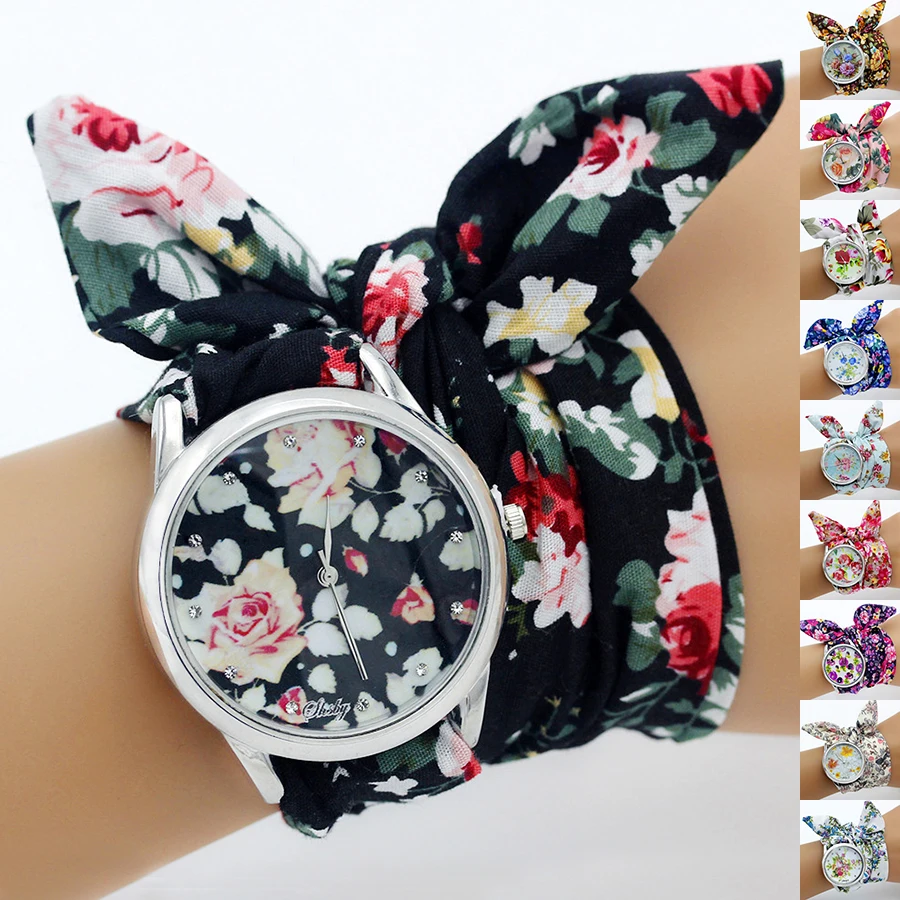 Shsby New Design Ladies Flower Cloth Wristwatch Women Dress Watches Fabric Clock Sweet Girls Watch Silver 1~10 Watches Wholesale