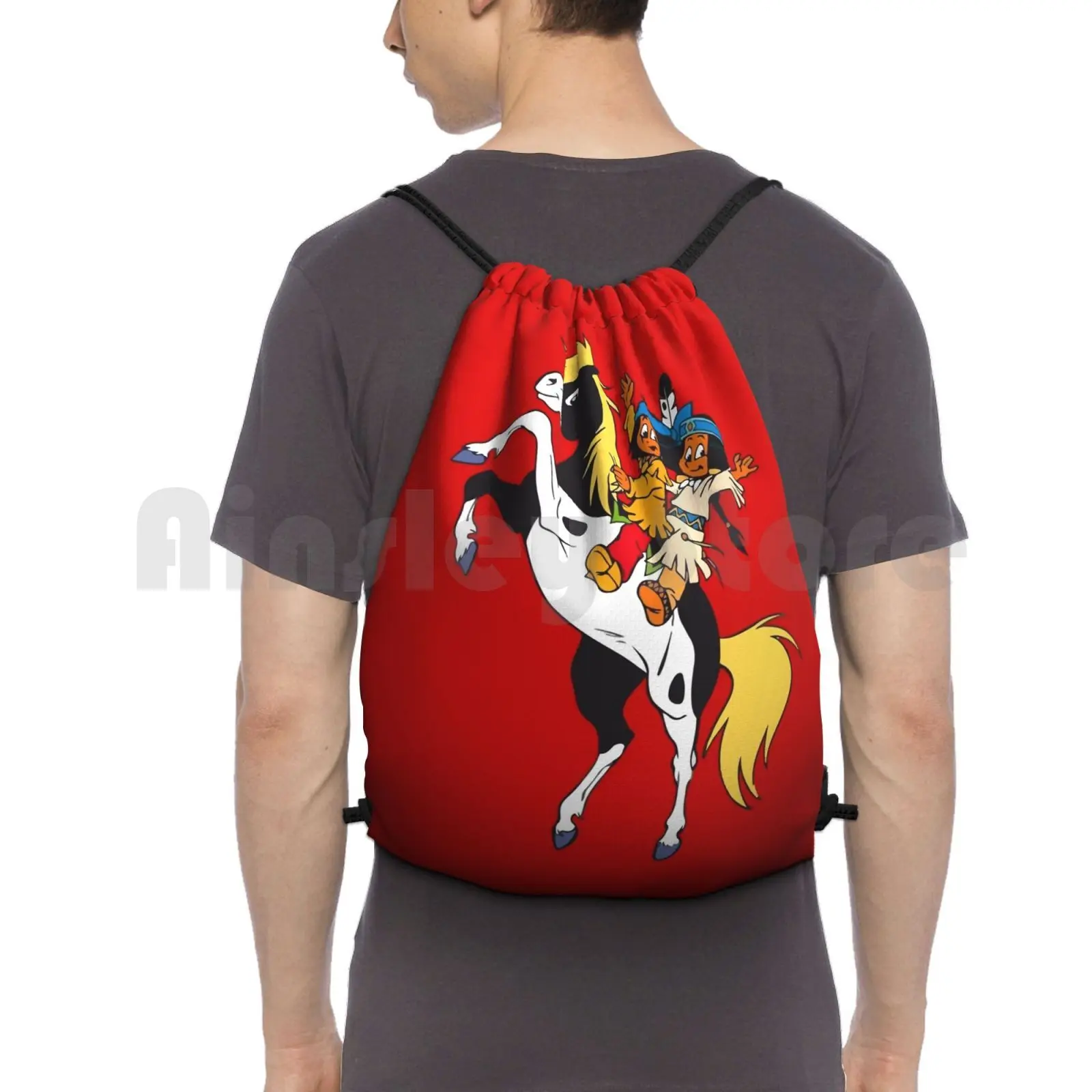 Yakari And Rainbow On Horse / Red Backpack Drawstring Bag Riding Climbing Gym Bag Popular Comic 50 60 70 Retro Vintage