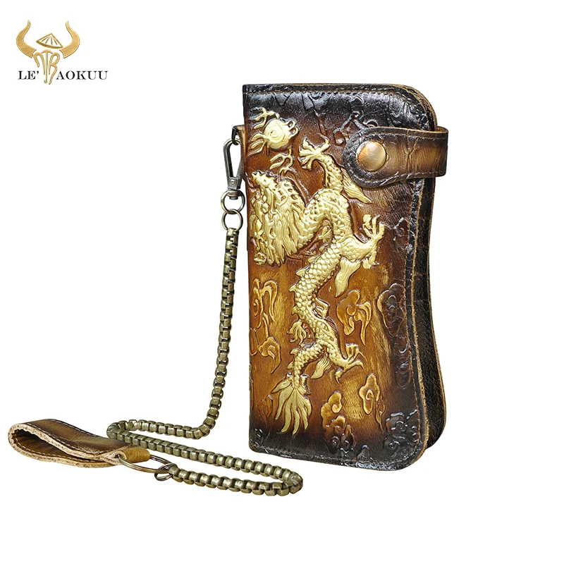 2020 New Luxury Male Genuine Cow leather Design Dragon Emboss Checkbook Iron Chain Organizer Wallet Purse Clutch Handbag 1088