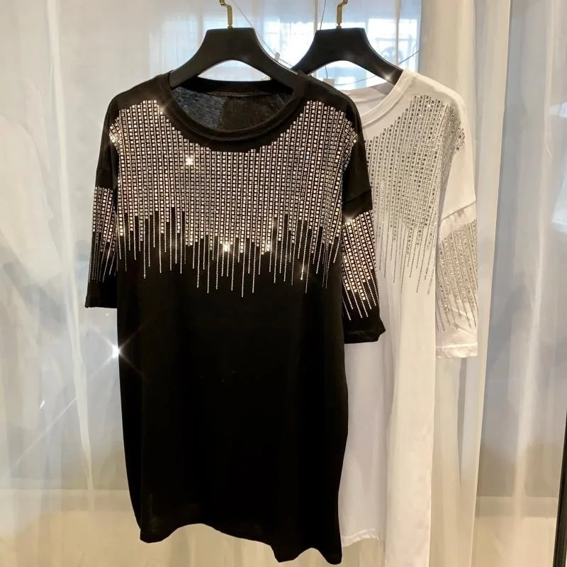 Wear Gothic Summer Women Tops 2022 Casual Loose Fit Diamonds Shiny T-Shirt Female O-Neck Short Sleeve Fashion Black White Tees