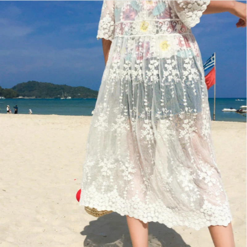 Korean Lace Cover Up Women White Beach Dress Ladies Bikini Cape Summer Boho Sexy See Through 3/4 Sleeve Mesh Cardigan