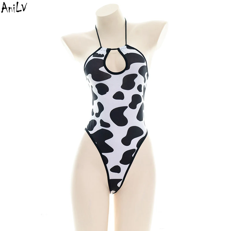 AniLV Anime Cow Girl Halter One-piece Swimsuit Costume Summer Beach Dairy Chest Hollow Bodysuit Swimwear Uniform Cosplay