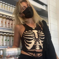 Gothic Skeleton Pint Tank Tops Harajuku Y2k Aesthetic Grunge Ribbed Graphic Crop Top Women Vest Black Knitted Cropped Tanks Top