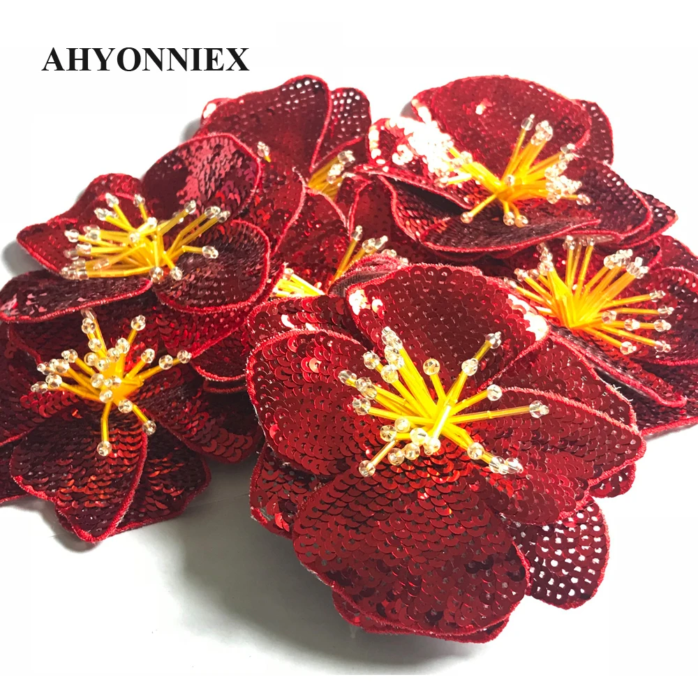 AHYONNIEX Red Rose 3D cucire su paillettes fiori Patch vestiti 11CM X 11CM Patch Applique fai da te per abbigliamento Bordados Para La Ropa