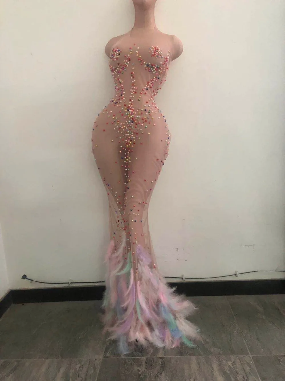 

Singer Bar Club Stage Show Wear Women Birthday Celebrate Prom Party Dress Multi-color Pearl Feather Tail Transparent Long Dress