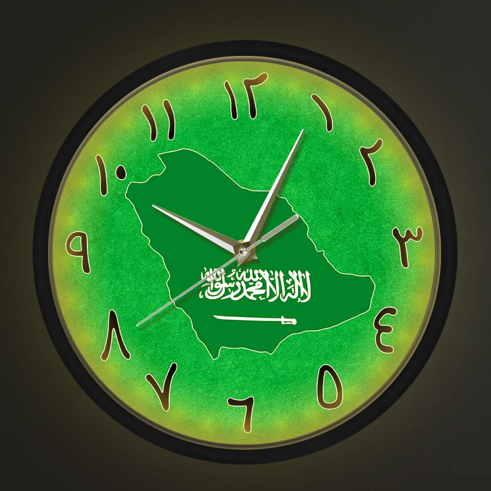 Saudi Arabia Country Map Modern Design Metal Frame Wall Clock Middle East Home Decor Sound Activated Light Arabic Wall Clock